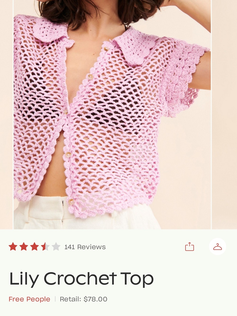 Free People Lily Crochet Button-Front Top - Light Pink